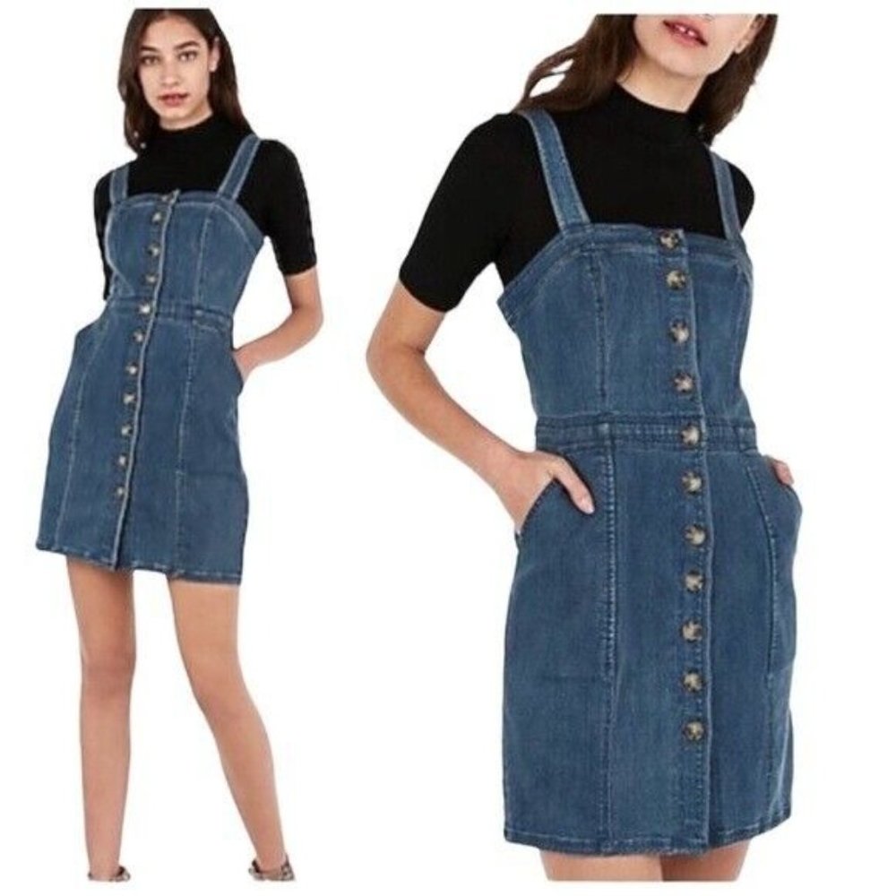 Express Button Front Seamed Denim Mini Sheath Dre… - image 2